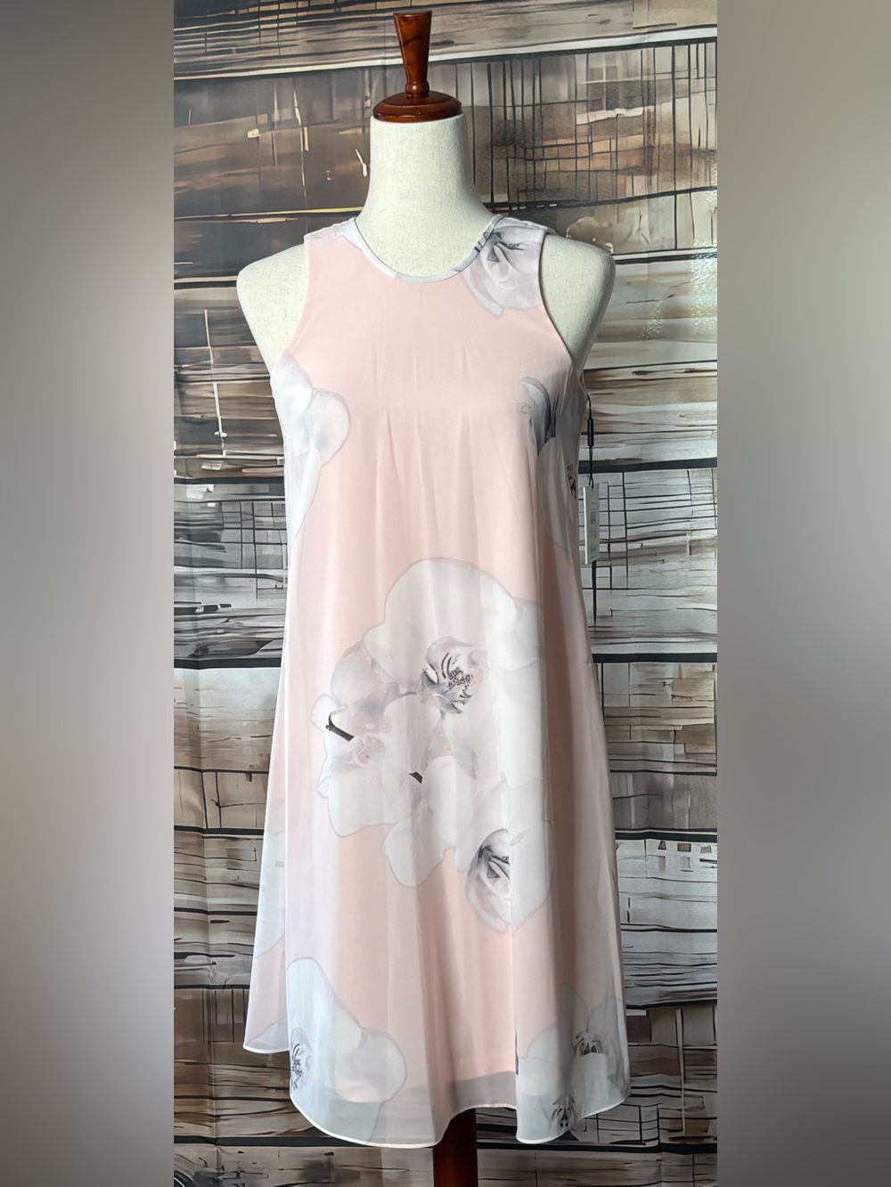 Calvin Klein NWT Blush Pink Floral Chiffon Trapeze Shift Dress Size 2